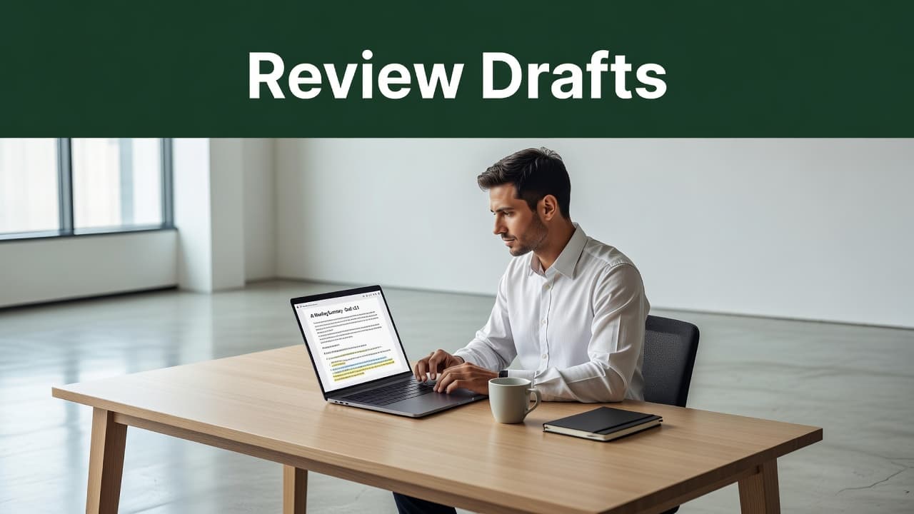 A professional edits a document on a laptop at a clean office desk.