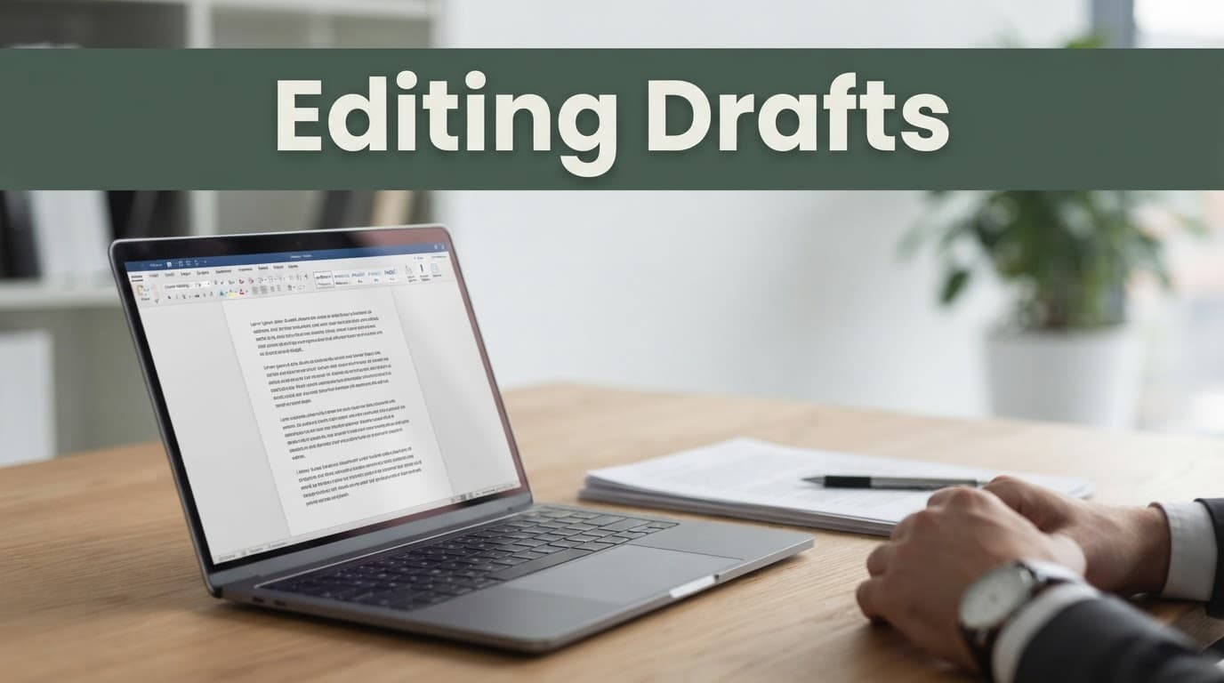 Laptop and documents on a wooden desk beneath an Editing Drafts headline.