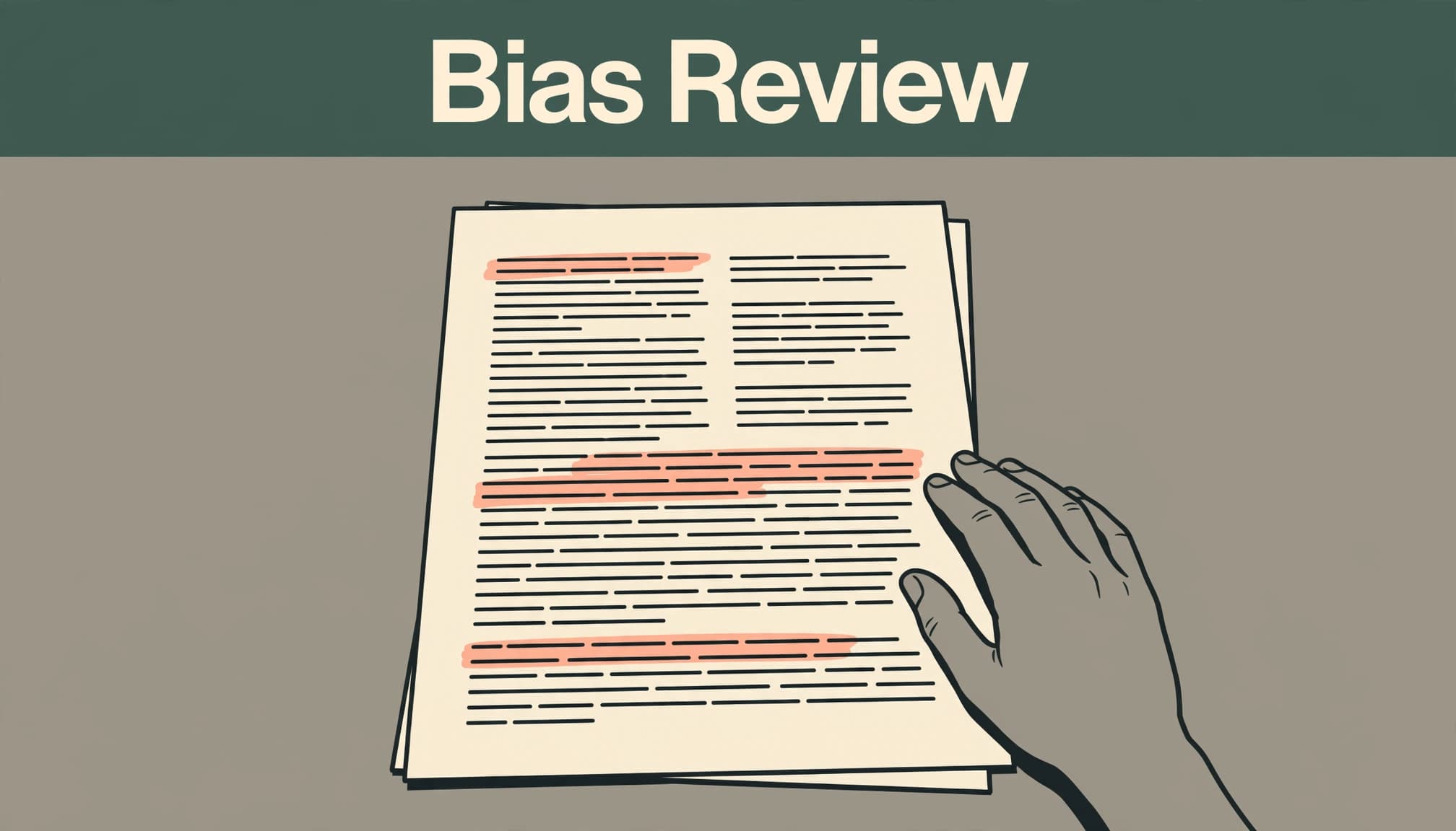 A highlighted article sits beneath a Bias Review banner beside a reviewer's hand.
