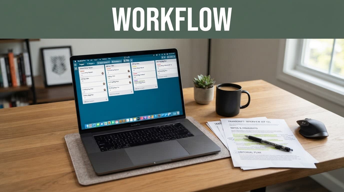 Laptop and printed transcripts on a desk beneath a green Workflow banner.