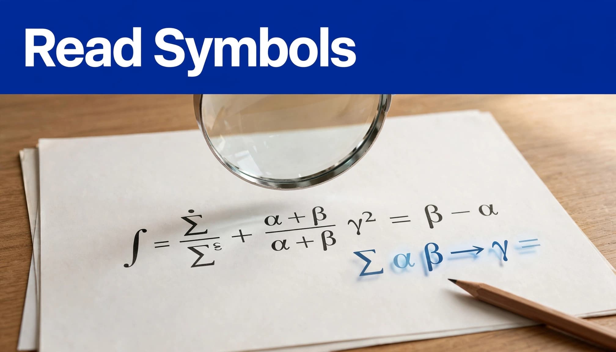 A magnifying glass hovers over an equation on an open paper beside a pencil.