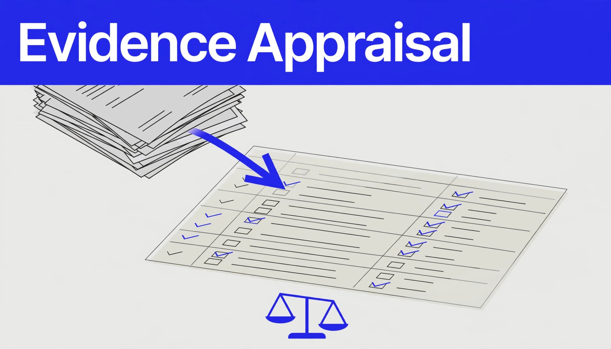 Research pages feed into a transparent evidence table beside a balance symbol.
