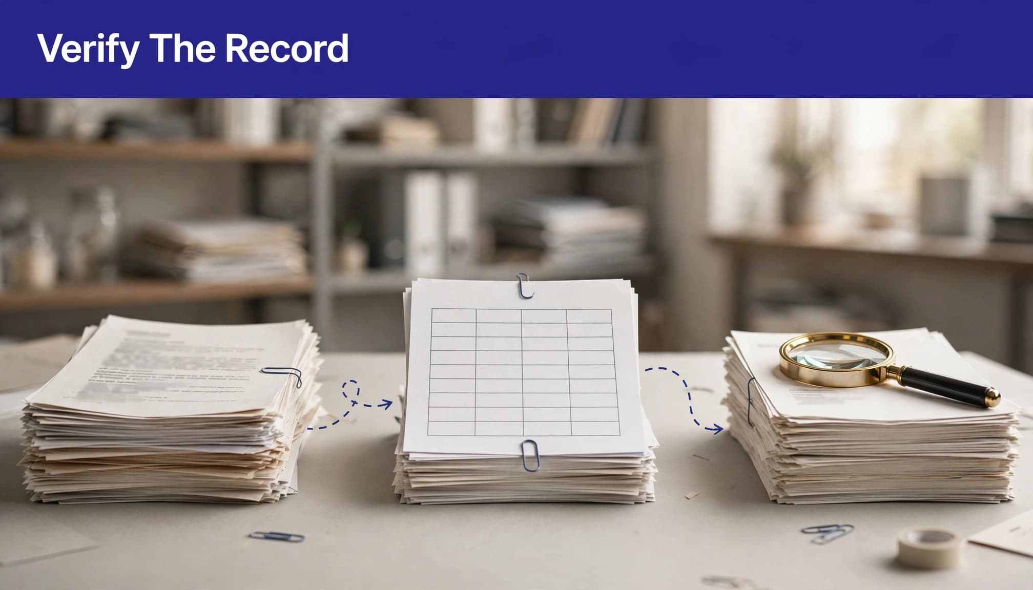 Paper stacks, a blank table, and a magnifying glass arranged along a review path.