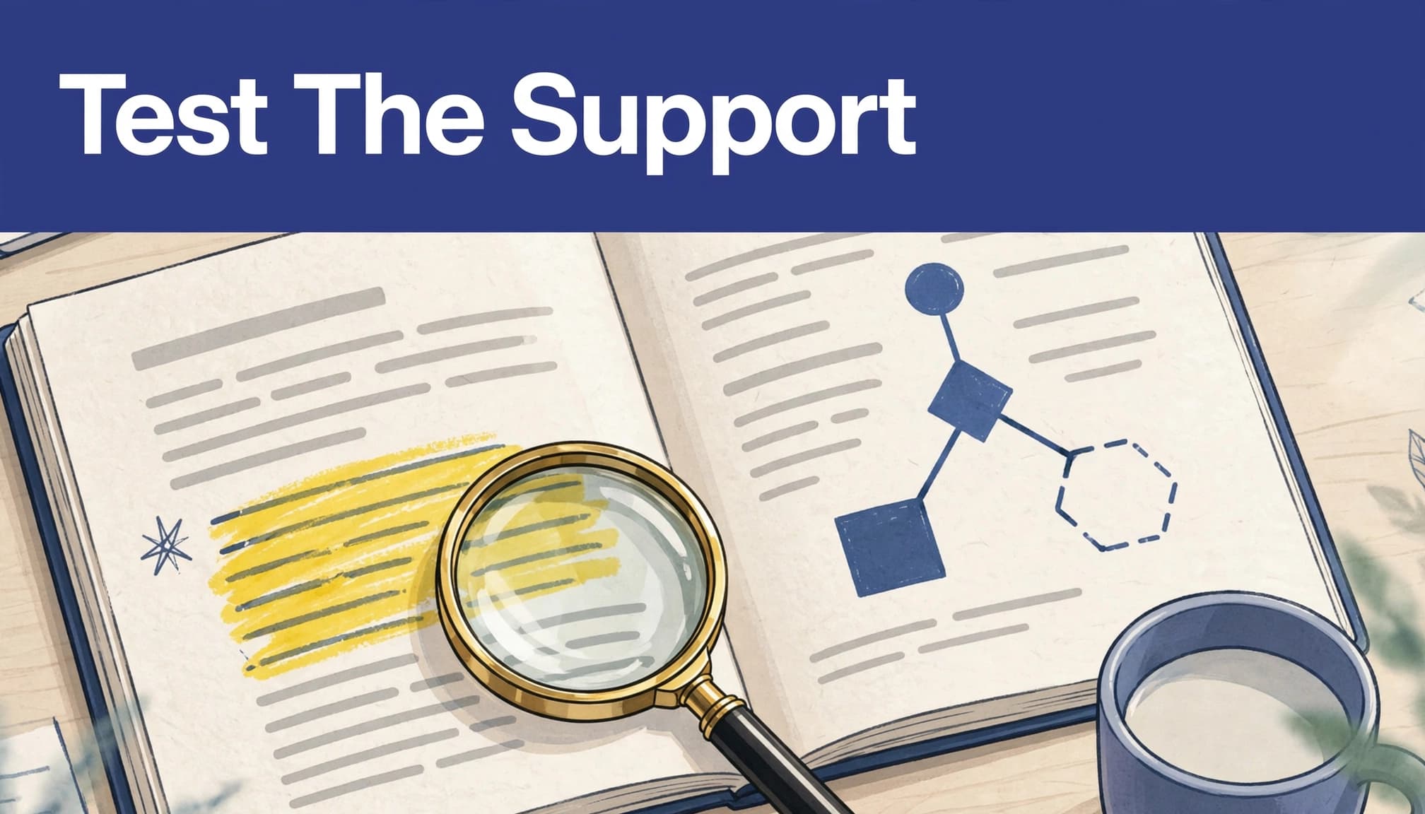 An illustration with an indigo banner reading Test The Support above an open journal, magnifying glass, and coffee cup.