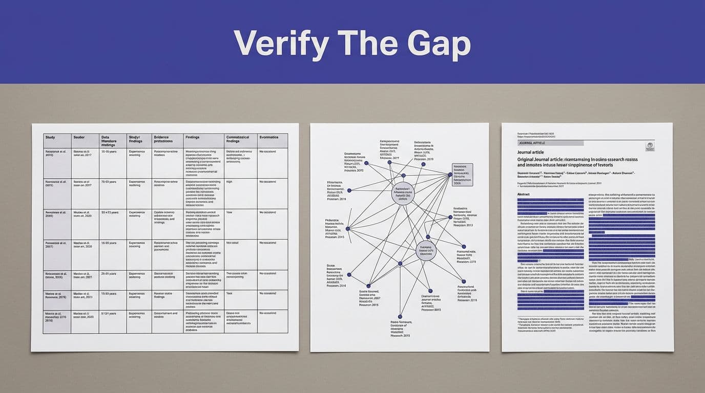 Three research artifacts show a literature matrix, citation map, and highlighted journal article on a table.