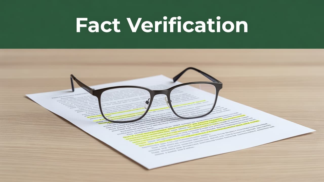 A pair of reading glasses lies on a printed document featuring highlighted text on a wooden desk. A dark green header at the top displays bold white text for verification.