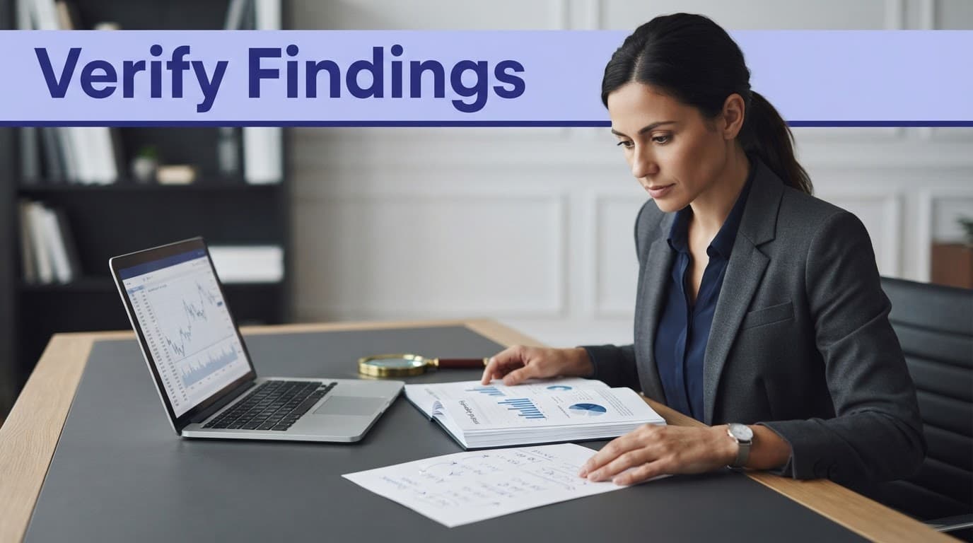 An analyst compares a laptop report with printed filings and a handwritten ratio sheet.