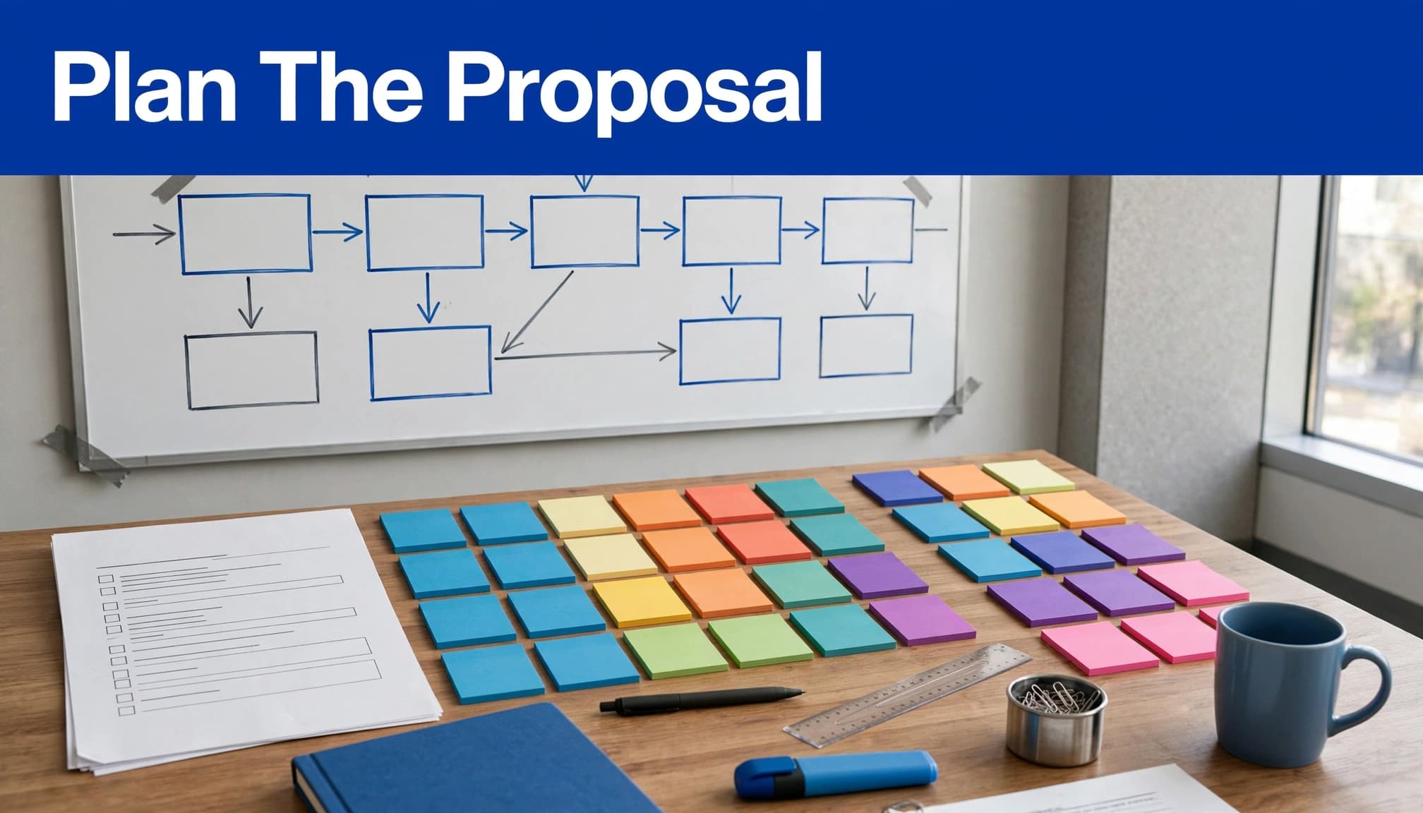 A grant application, logic model, and color-coded notes fill a research meeting room.