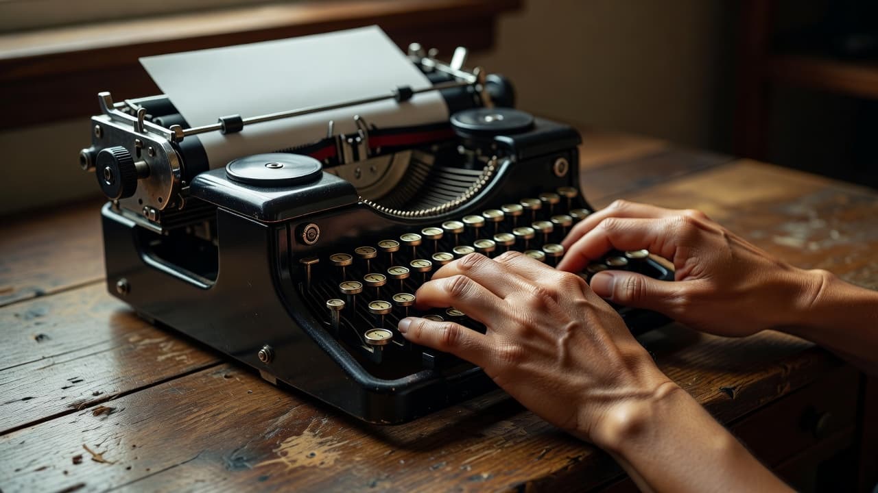 A close-up shot focuses on hands actively striking the keys of a classic mechanical typewriter resting on a worn wooden desk. Warm, soft lighting highlights the texture of the metal keys.
