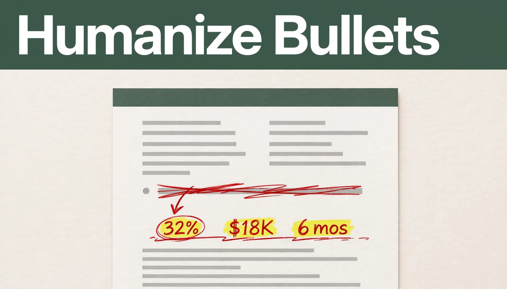 A resume page with red edits and highlighted metrics beneath a dark green headline band.