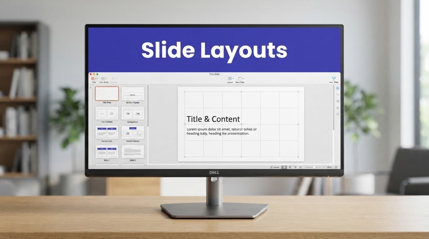 Monitor showing a presentation layout with a bold indigo headline band.