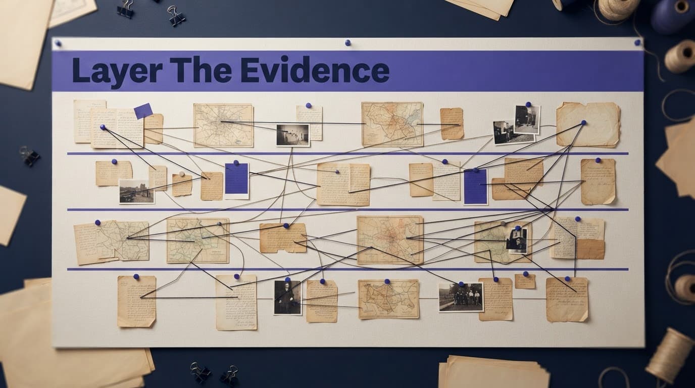 Layered research board with old papers, maps, pins, and lines forming a timeline.