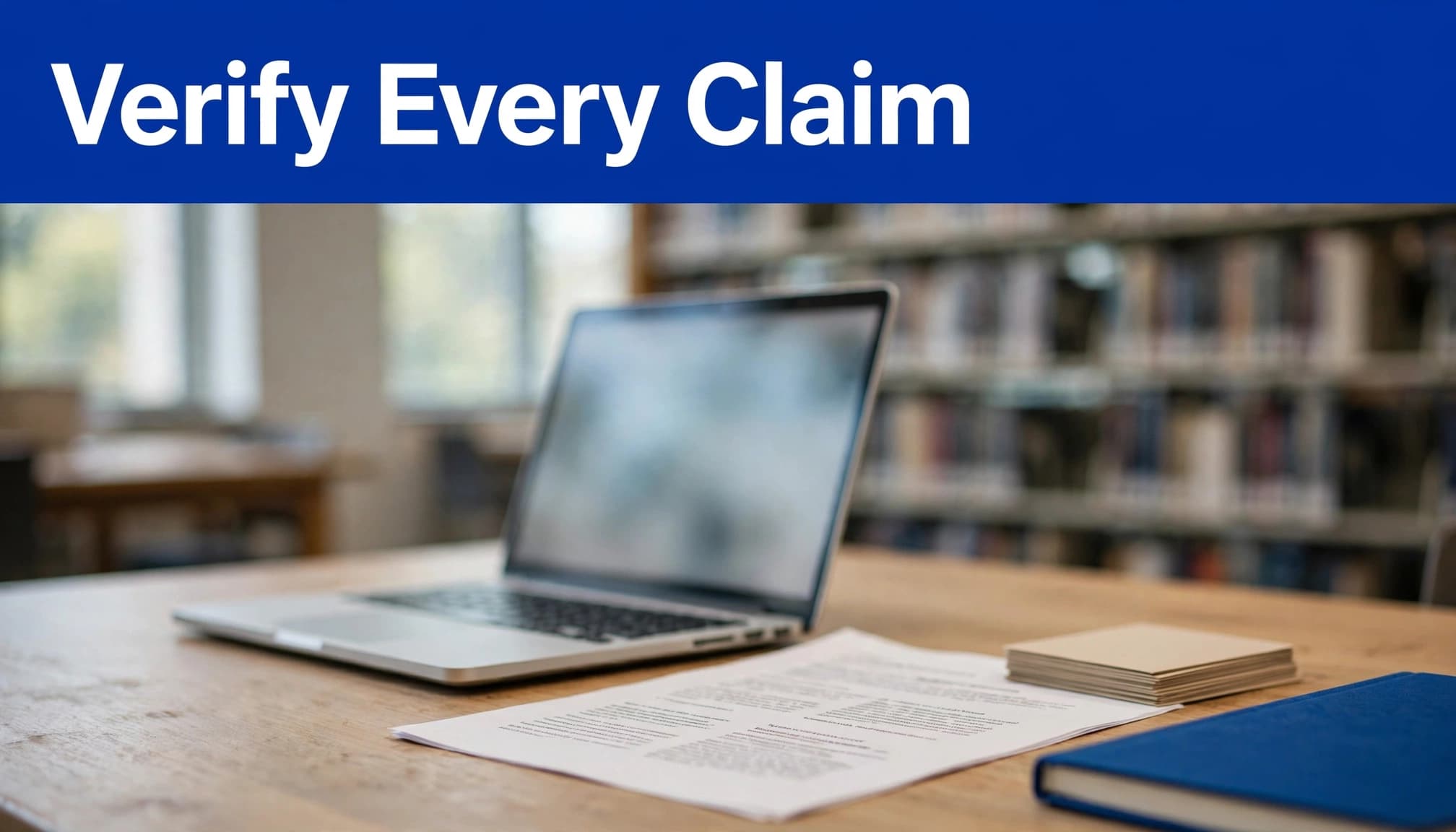 A laptop, research paper, and index cards arranged on a library table beneath an indigo headline strip.