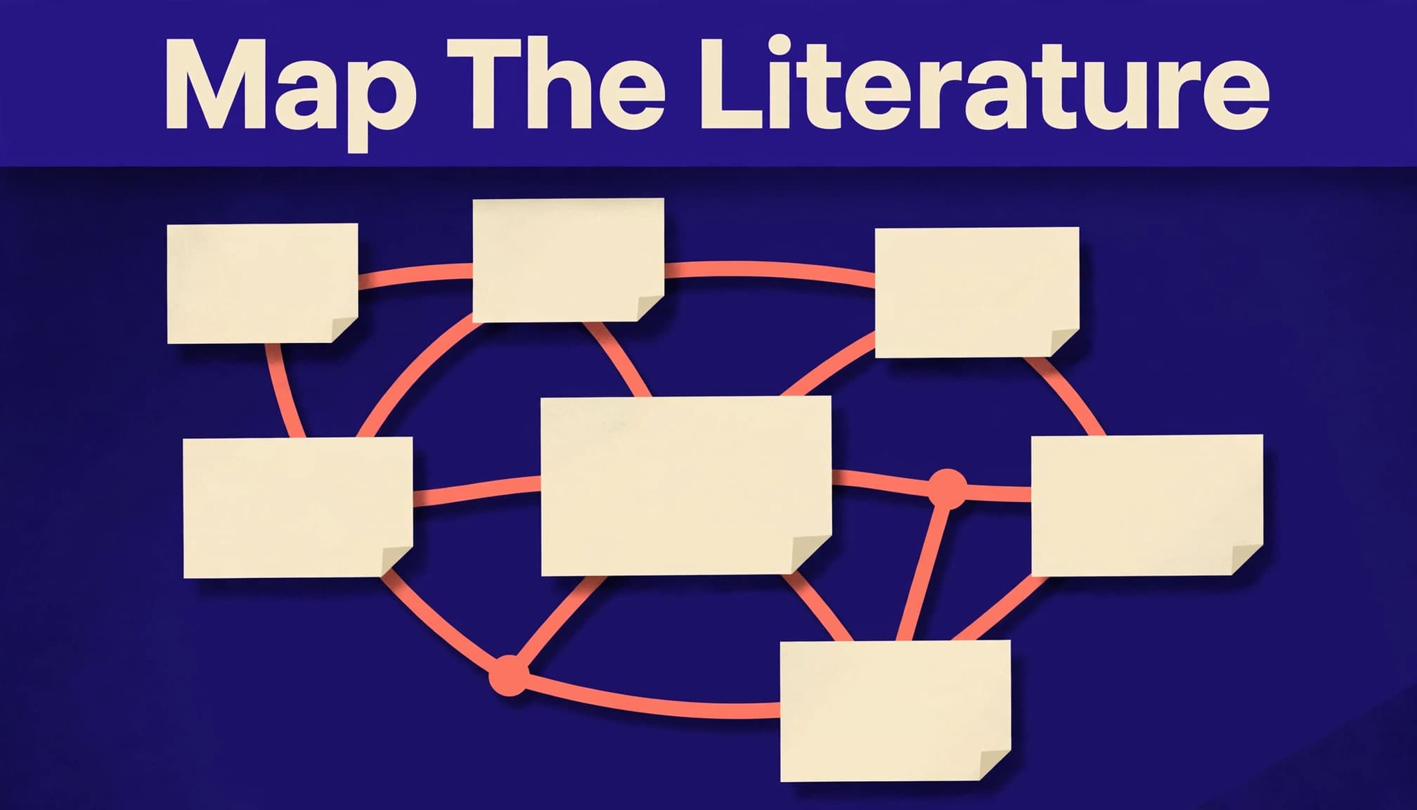 Connected paper cards form a literature map below an indigo header.