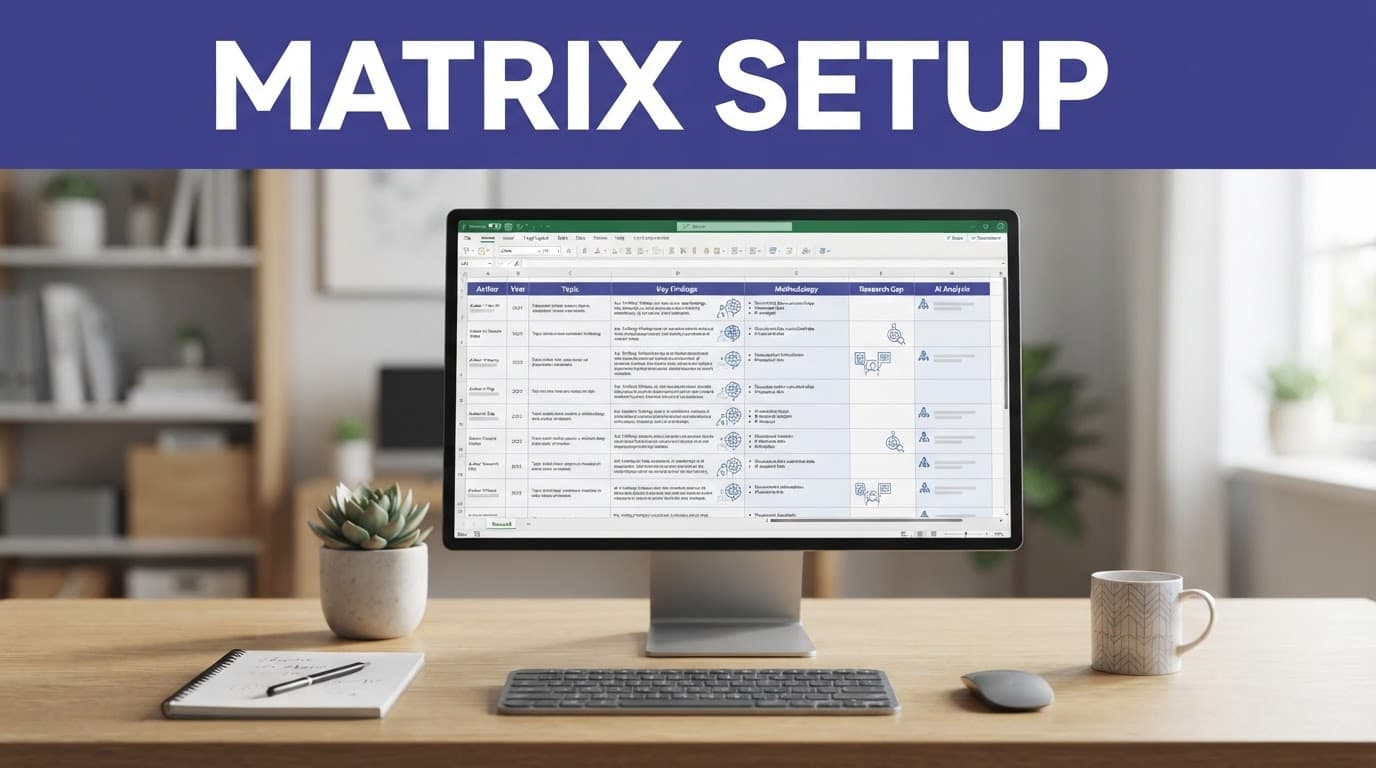 Desktop screen showing organized research notes beneath an indigo Matrix Setup banner.