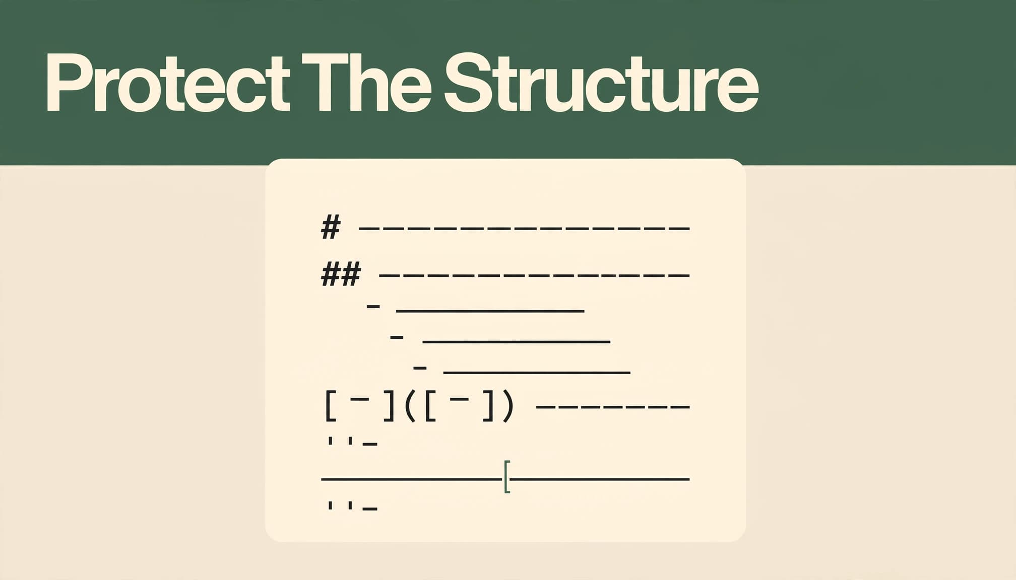 A structured Markdown sheet sits beneath a dark green headline band.