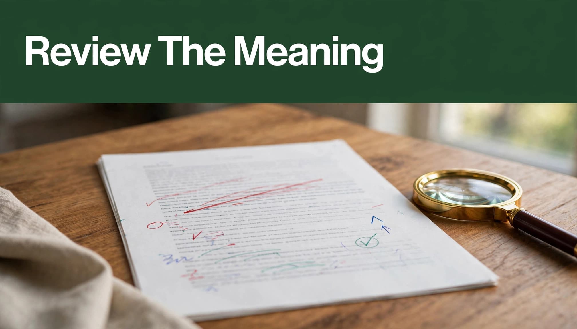 A marked-up manuscript and magnifying glass sit on a bright library table beneath a green headline strip.