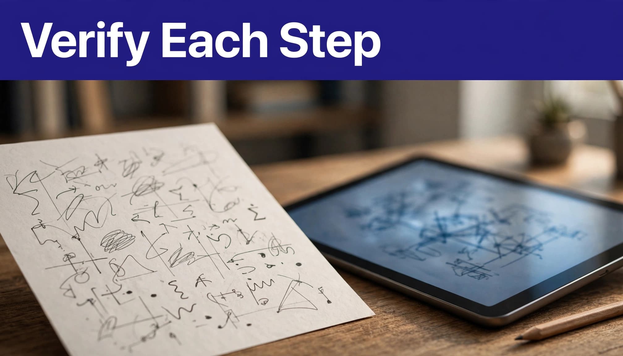 A paper derivation and indistinct proof diagram sit beside each other on a wooden table.
