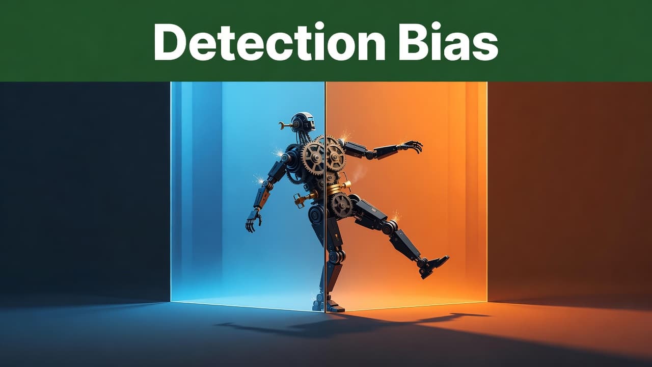 A stylized robotic figure carefully maintains balance on the narrow seam between two translucent glass sheets. A bold green stripe runs horizontally across the top, framing the words Detection Bias clearly.
