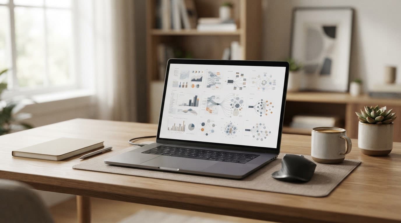 Open laptop with abstract charts on a clean desk beside a notebook and pen.