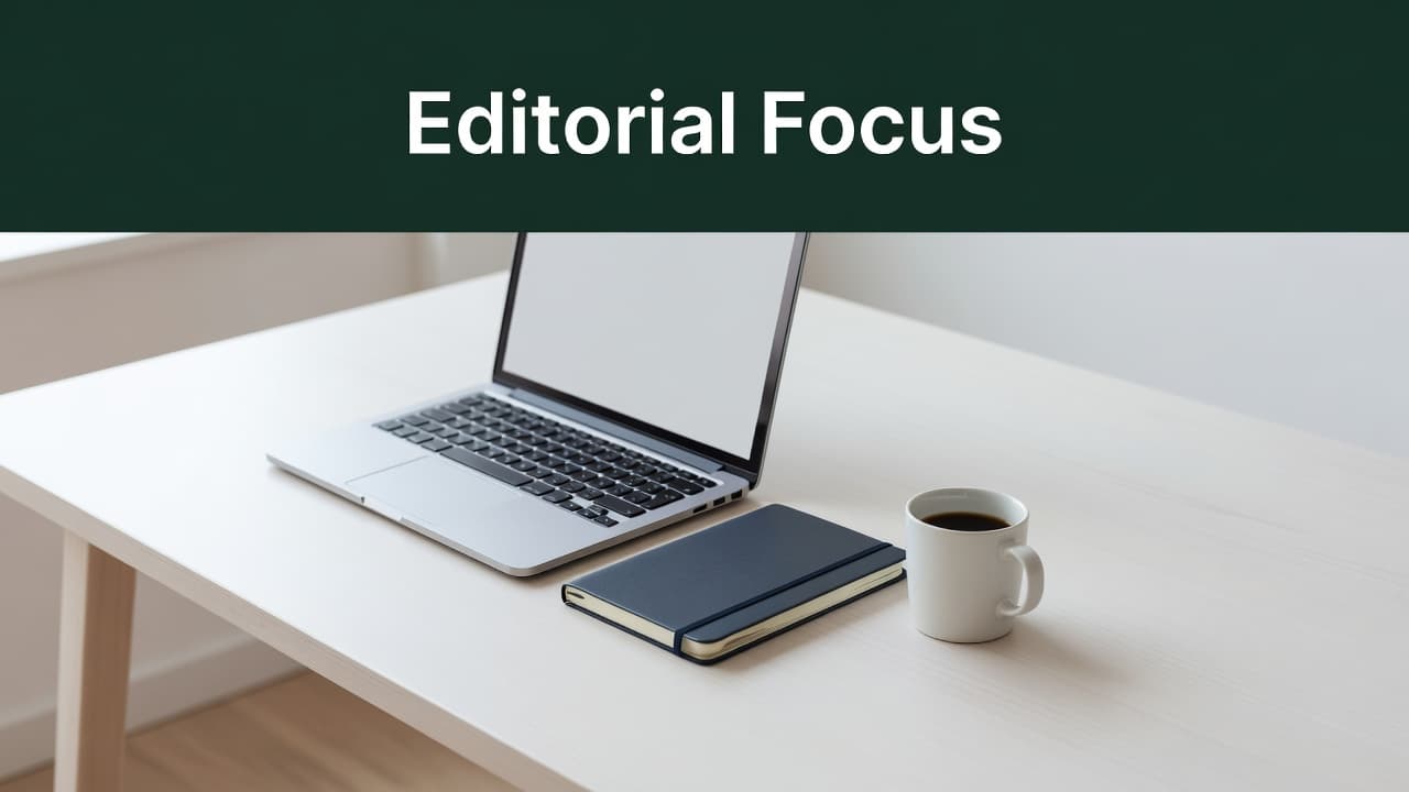 A clean workstation featuring a closed laptop and physical notebook alongside a ceramic coffee mug. A bold dark-green header bar spans the top with white sans-serif text indicating an editorial focus.
