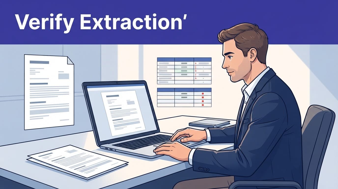 A professional compares scanned documents and a spreadsheet beside a laptop.