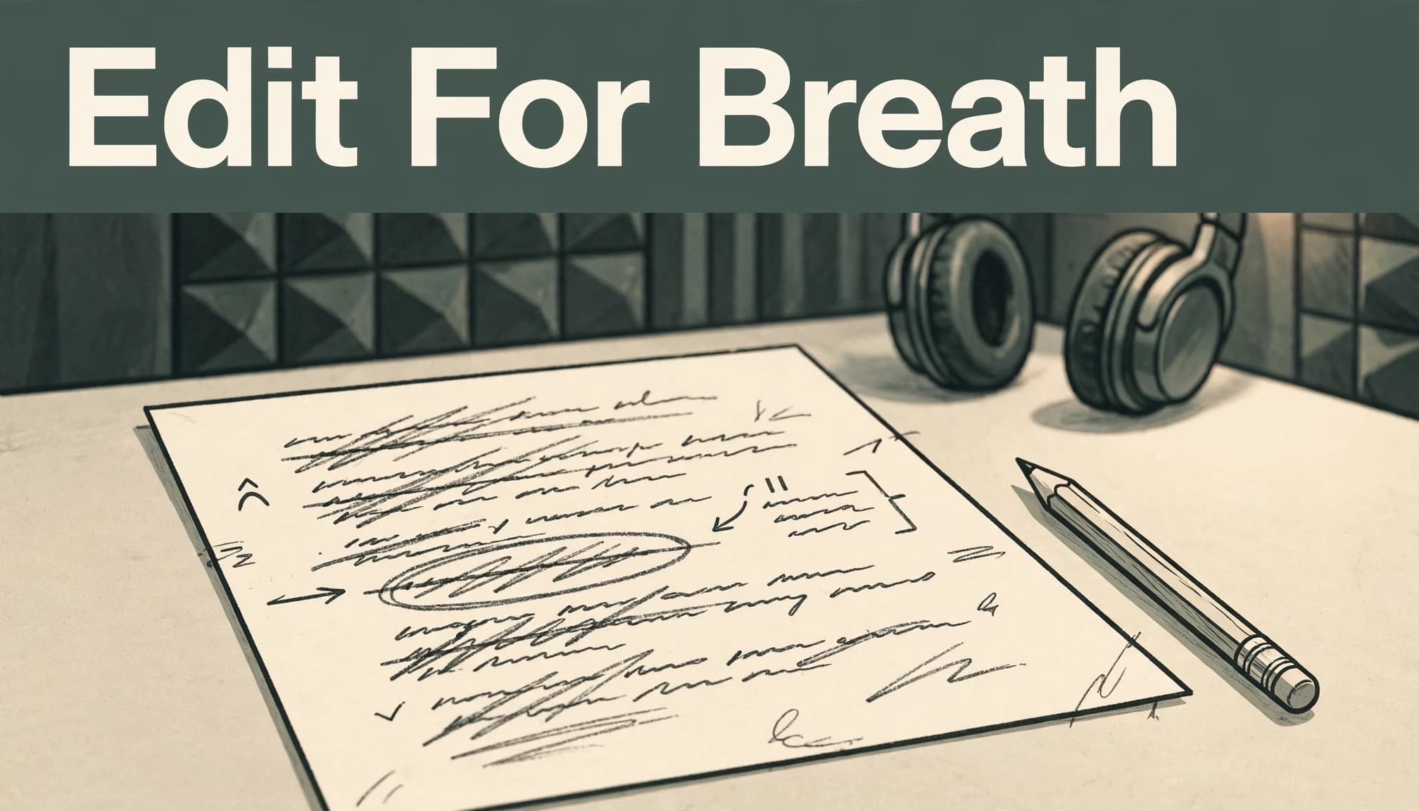 A marked-up podcast script and pencil sit beneath a dark green headline band.