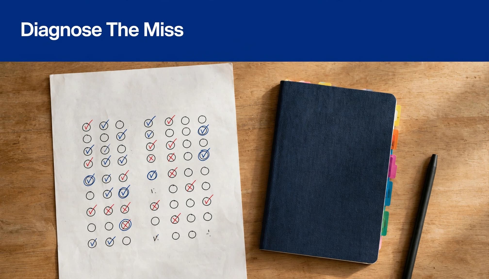 A marked practice page and tabbed notebook sit on a library table beneath an indigo headline.