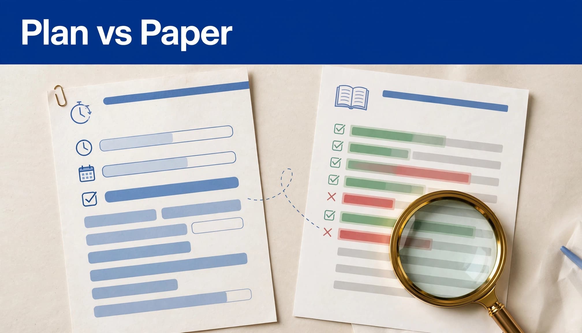 Editorial illustration with the headline Plan vs Paper comparing two documents with a magnifying glass.