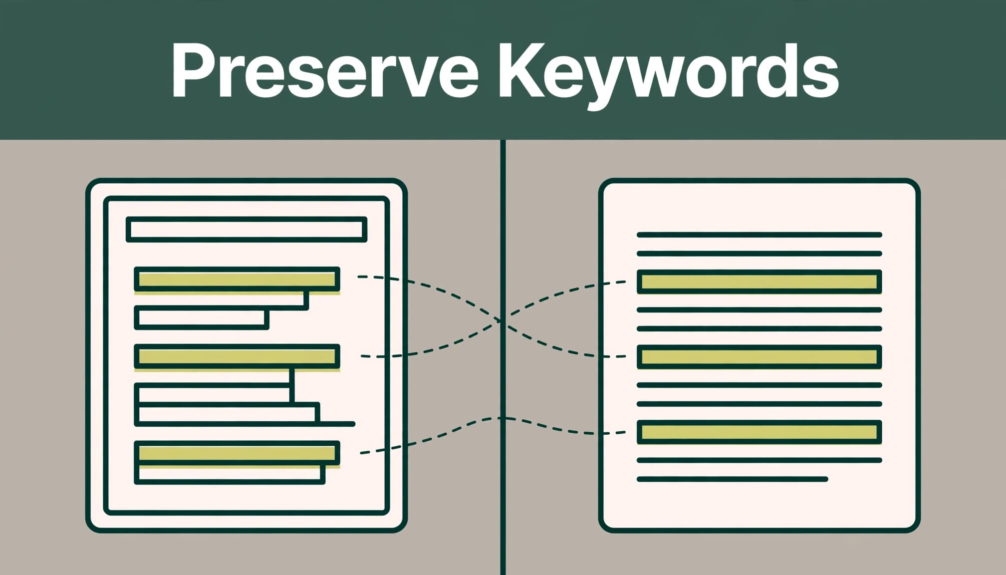 Split-screen document showing highlighted keywords preserved in a revised manuscript.