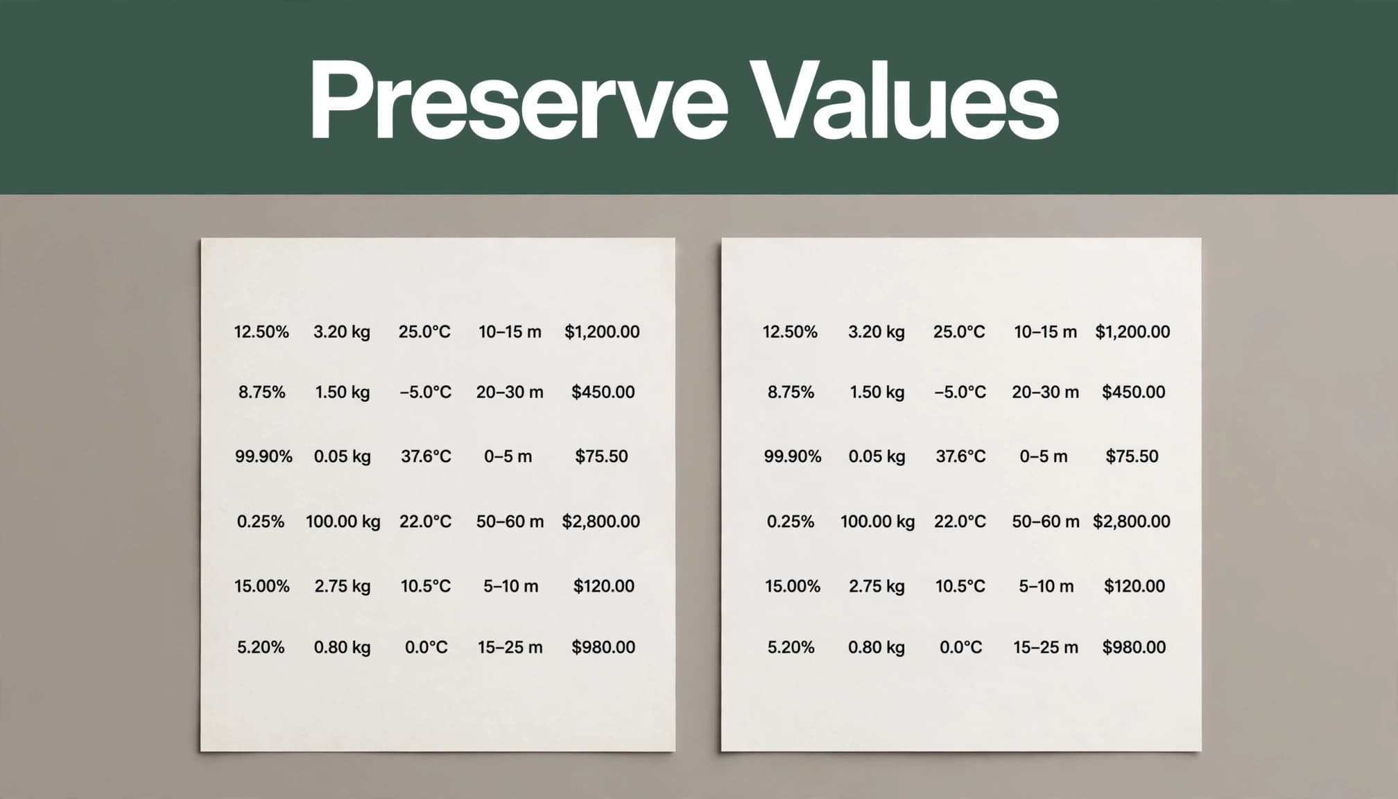 Two manuscript pages show matching numerical values beneath a green Preserve Values headline.