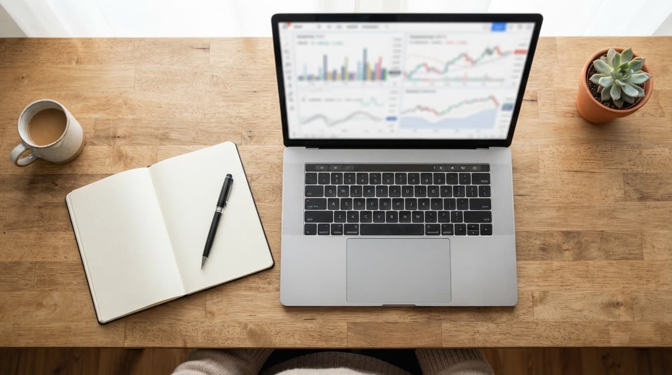 Laptop with blurred charts, notebook, and pen on a bright wooden desk.