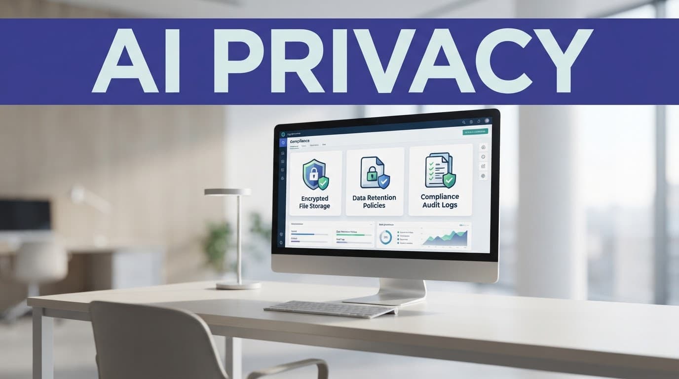 Indigo AI privacy banner above a screen showing encrypted file storage icons.