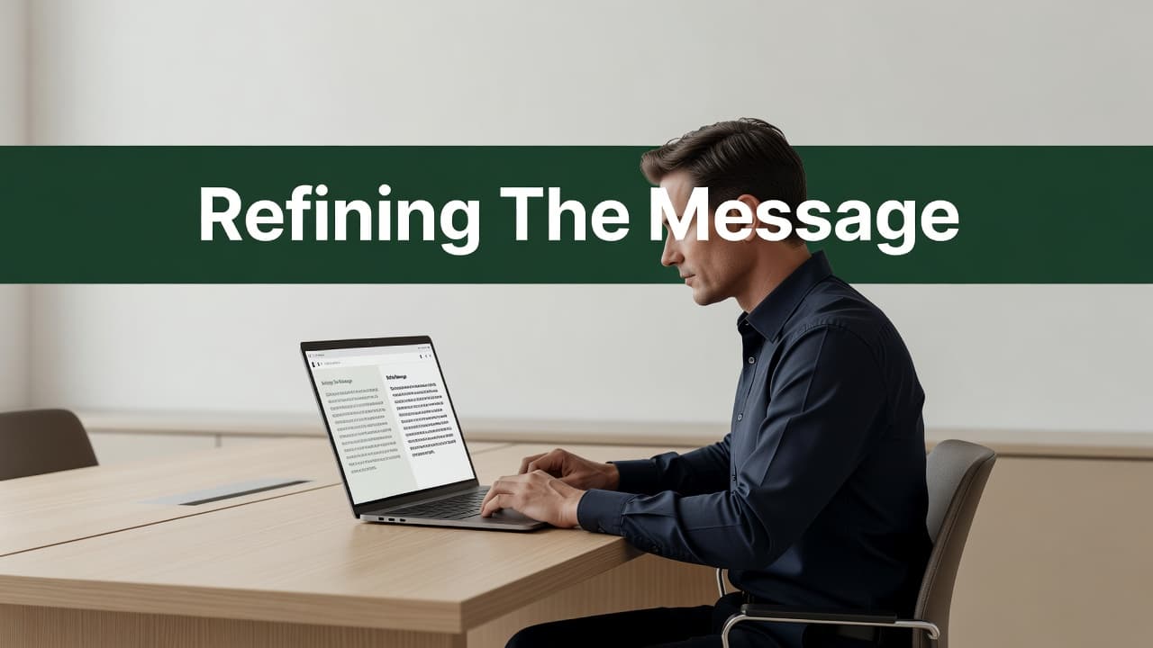 A person edits an email on a laptop below a banner that says Refining The Message.