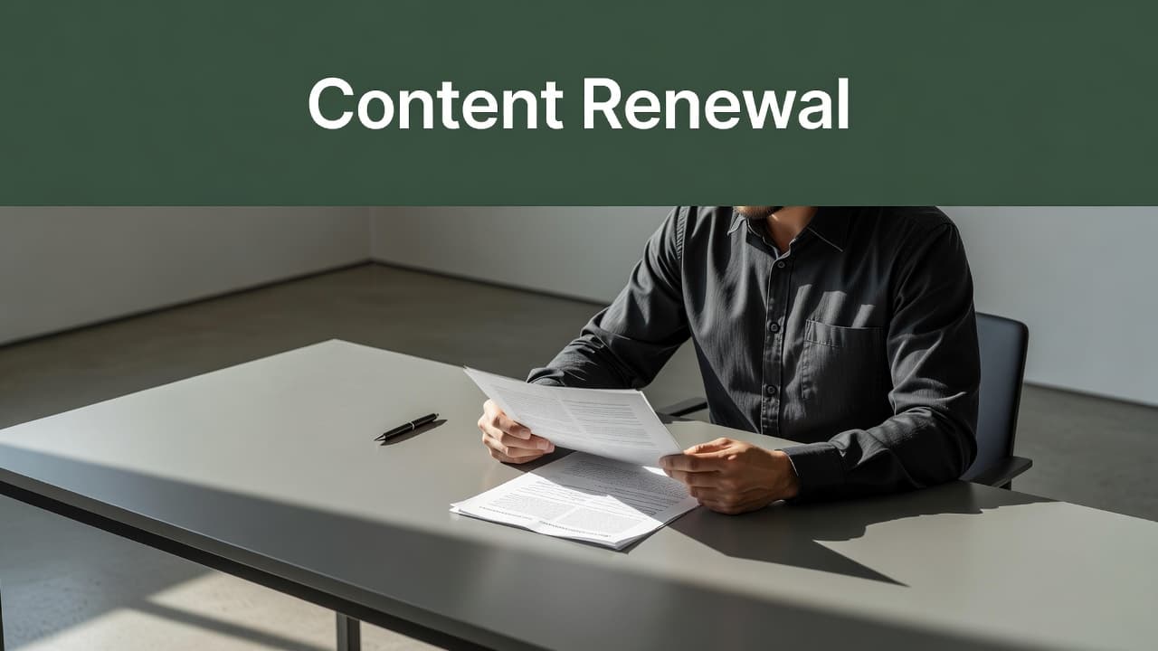 An individual sits at a modern desk examining a physical paper document with a professional green header overhead.