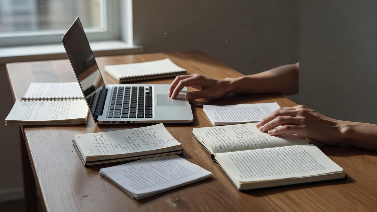 A pair of hands rests on a polished wooden surface beside an open laptop and spiral notebooks. Soft morning sunlight streams across the organized workspace, highlighting the clean, simple aesthetic.
