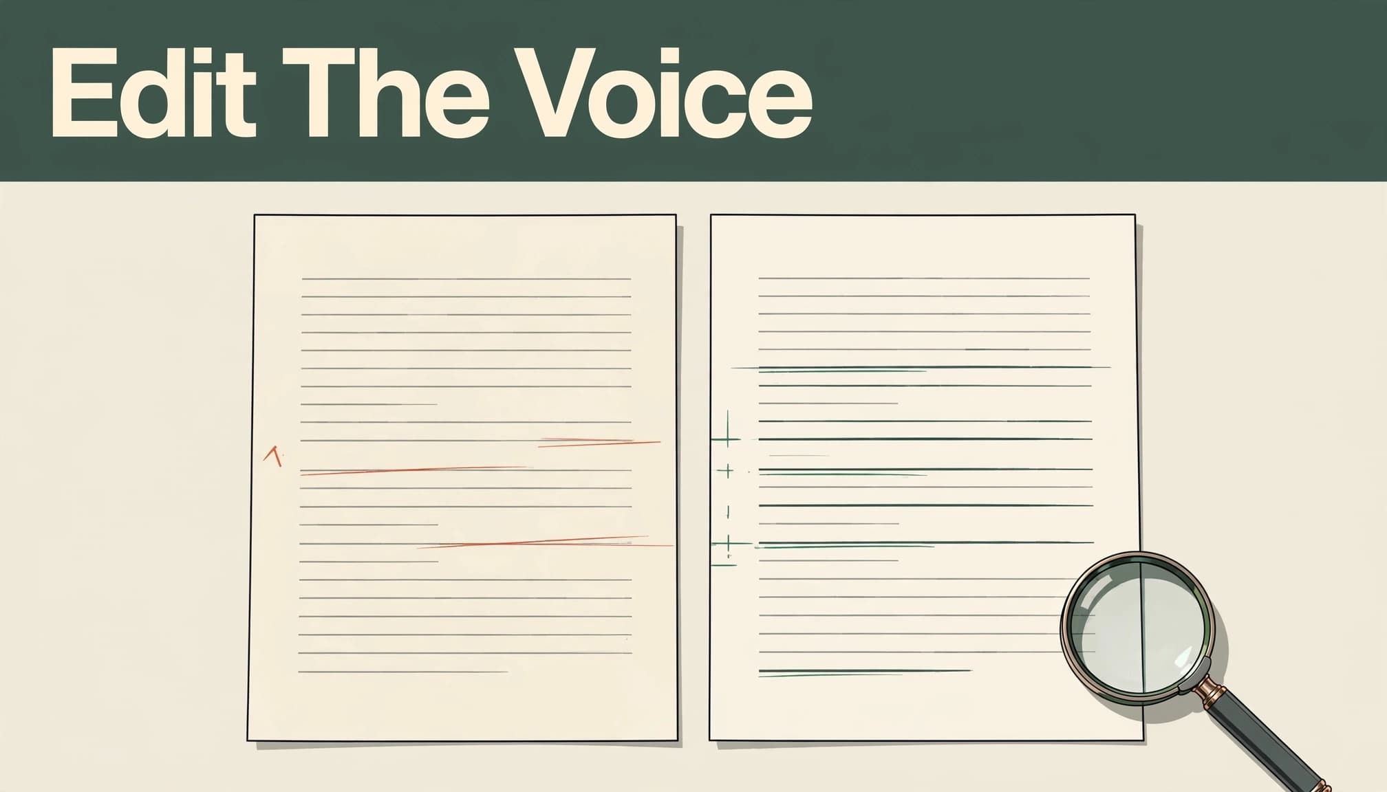 Two marked-up research pages sit beside a magnifying glass beneath a dark green headline band.