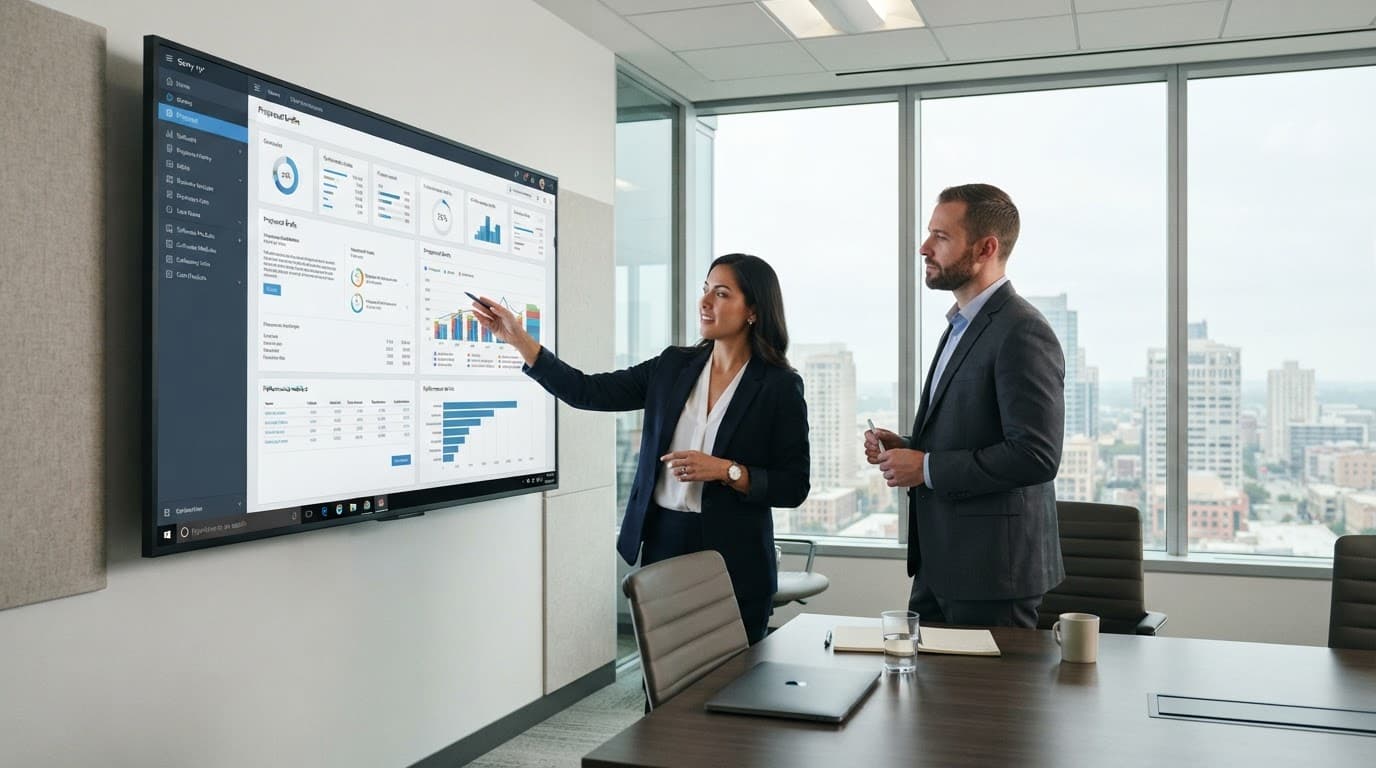 Two professionals review data on a large display in a modern conference room.