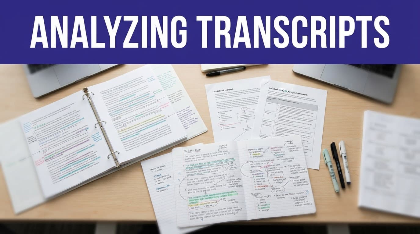 An indigo header bar above a clean desk with open research notes and documents.