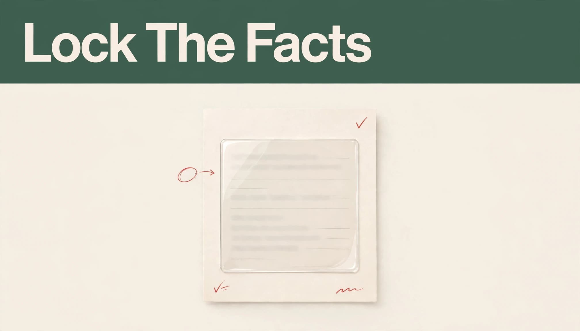 A marked-up grant draft sits beneath a green headline band, protected by a transparent layer.