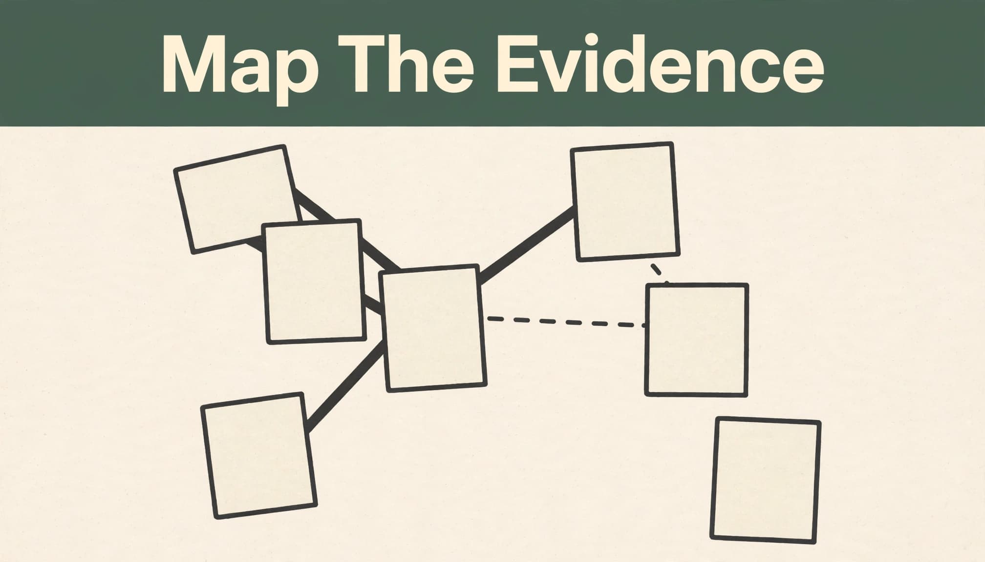 Research papers linked by lines, with one separate sheet below a green headline band.
