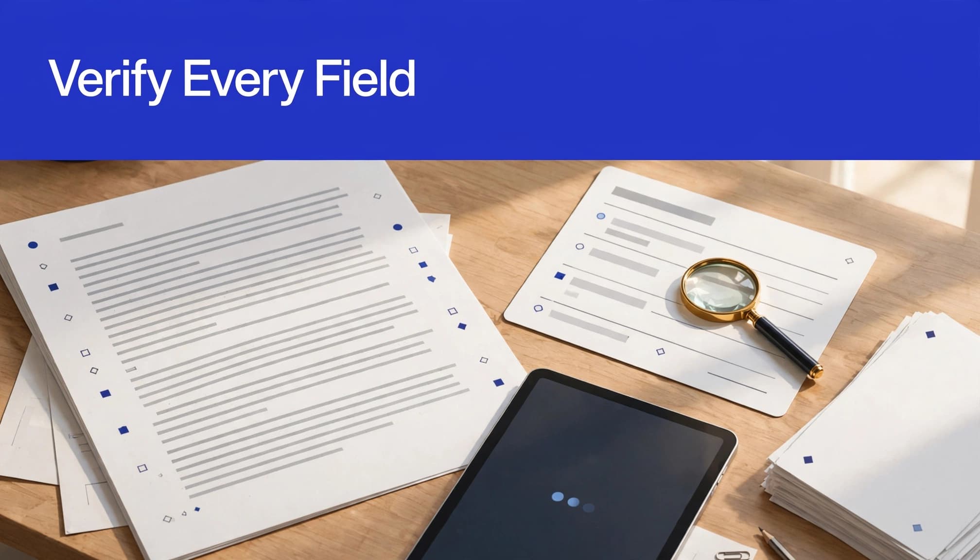 An illustration with a blue banner reading 'Verify Every Field' over a workspace with papers, a magnifying glass, and a tablet.