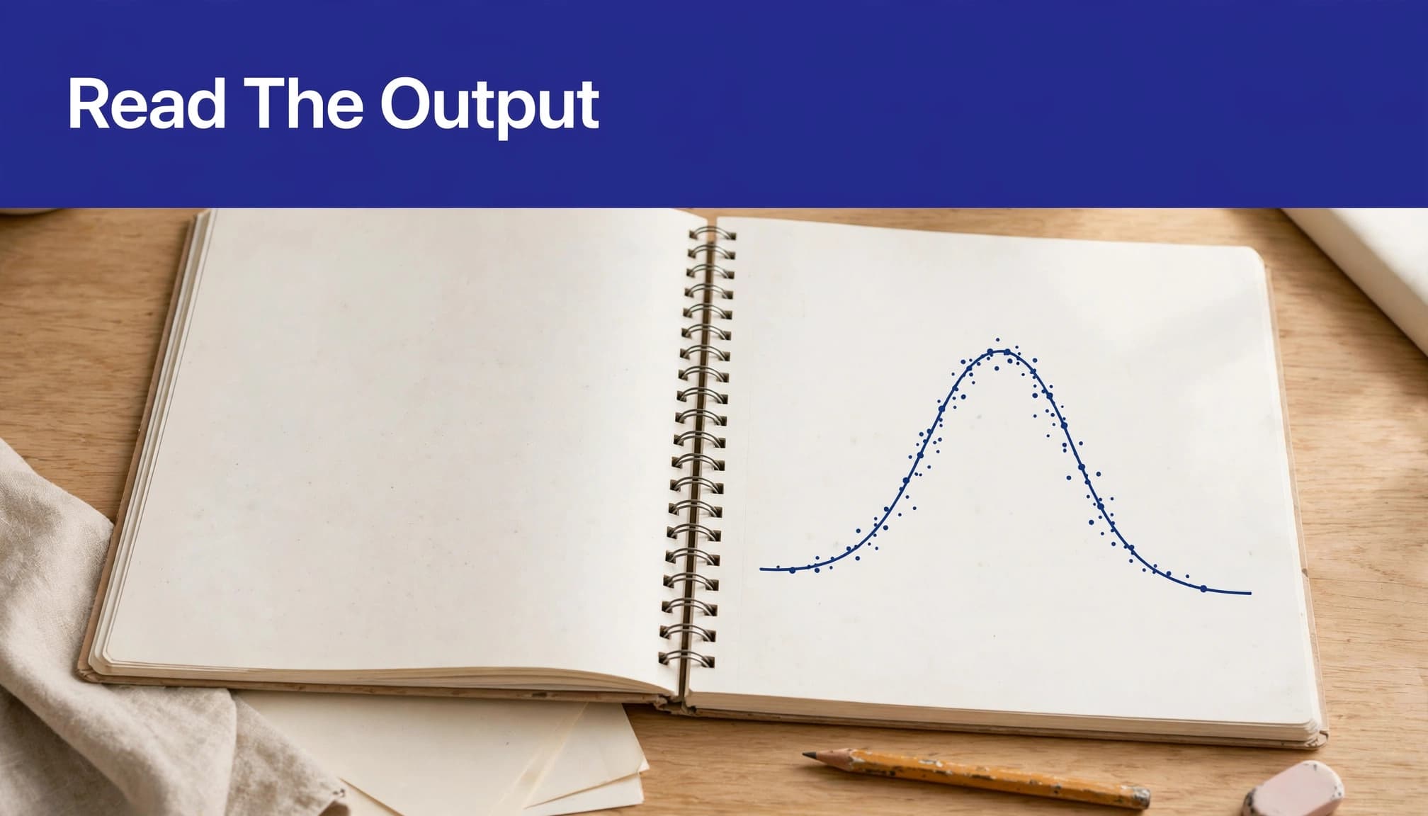 An open notebook with a statistical plot and the text 'Read The Output' above it.