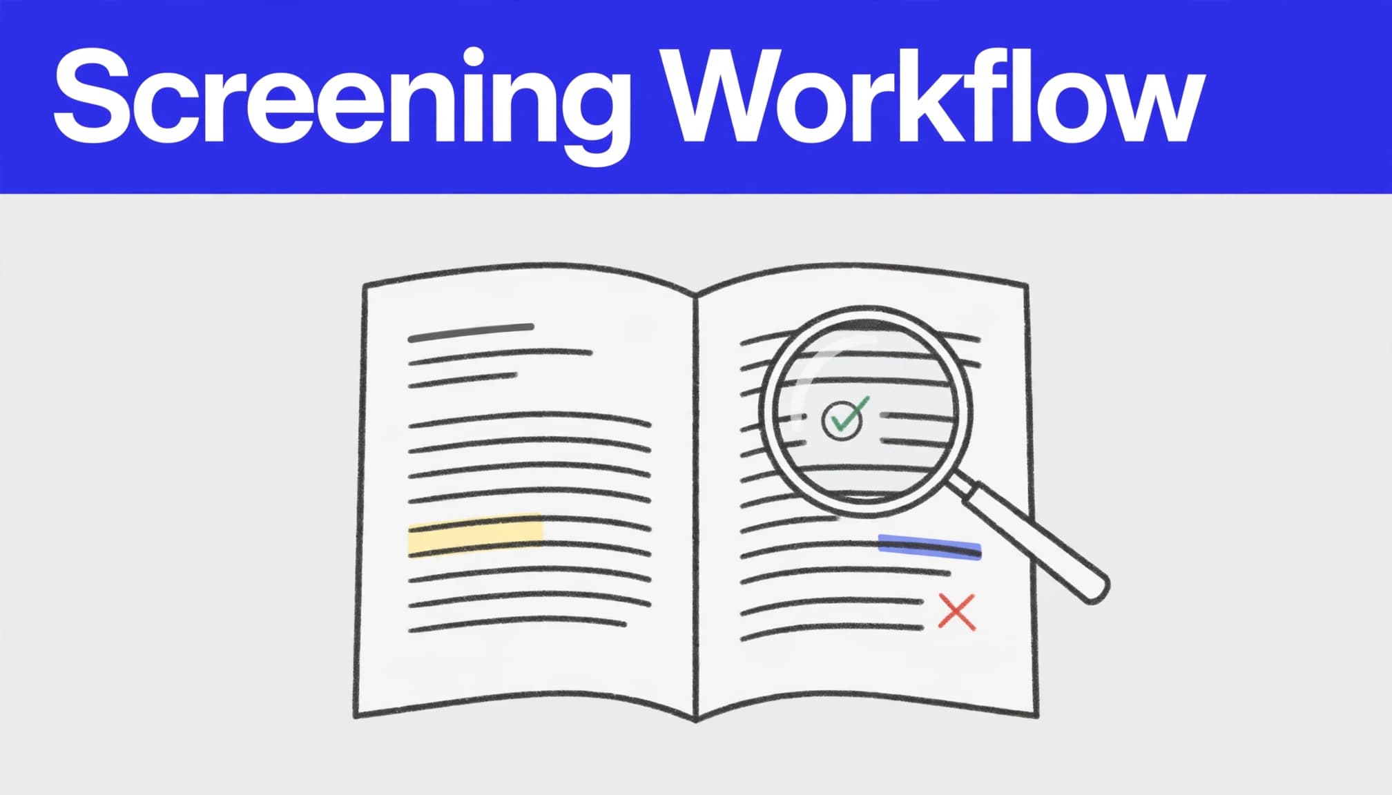 A magnifying glass and colored marks on an open paper beneath a blue headline.