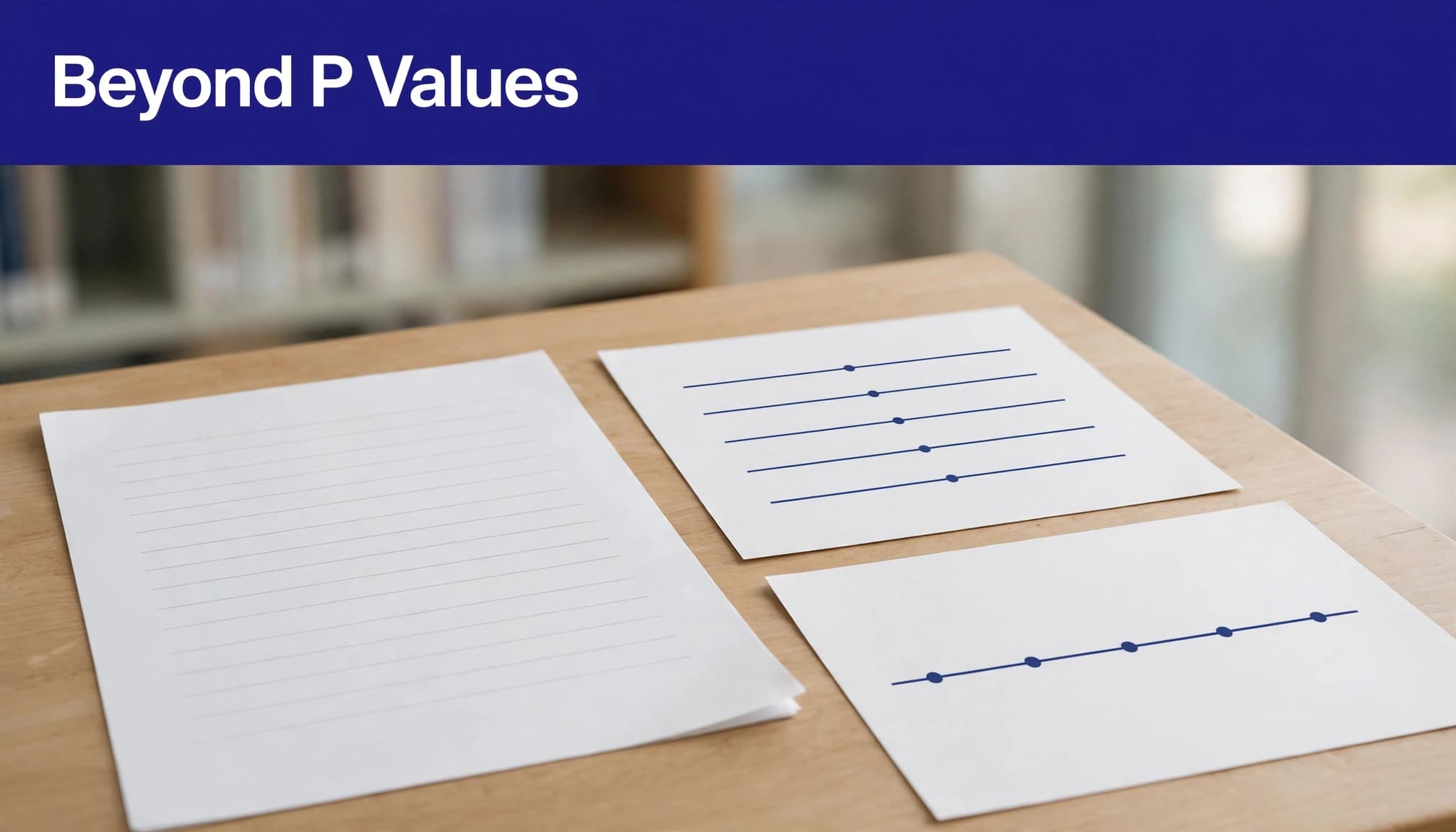 A research page and two charts on a table with an indigo banner reading Beyond P Values.