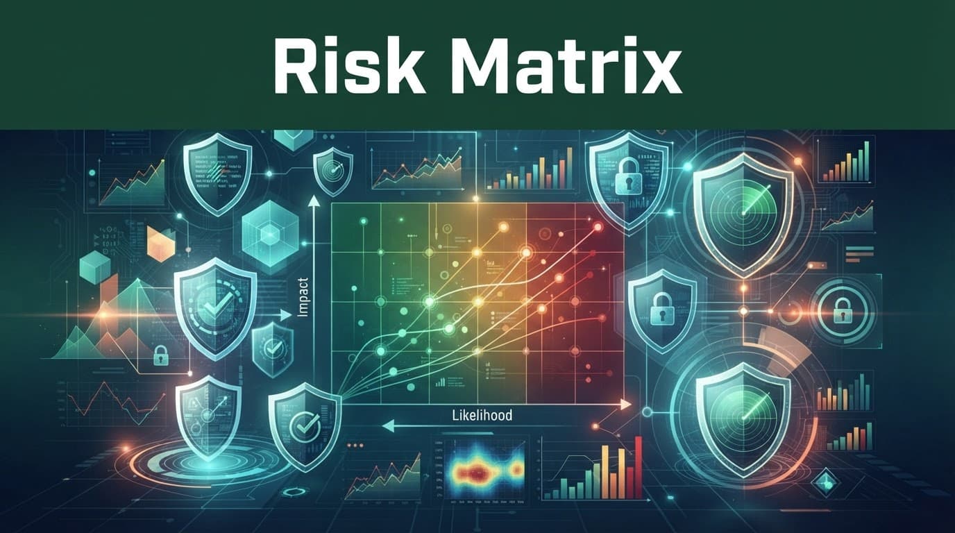 Risk Matrix graphic with charts and security shields below a dark-green band.