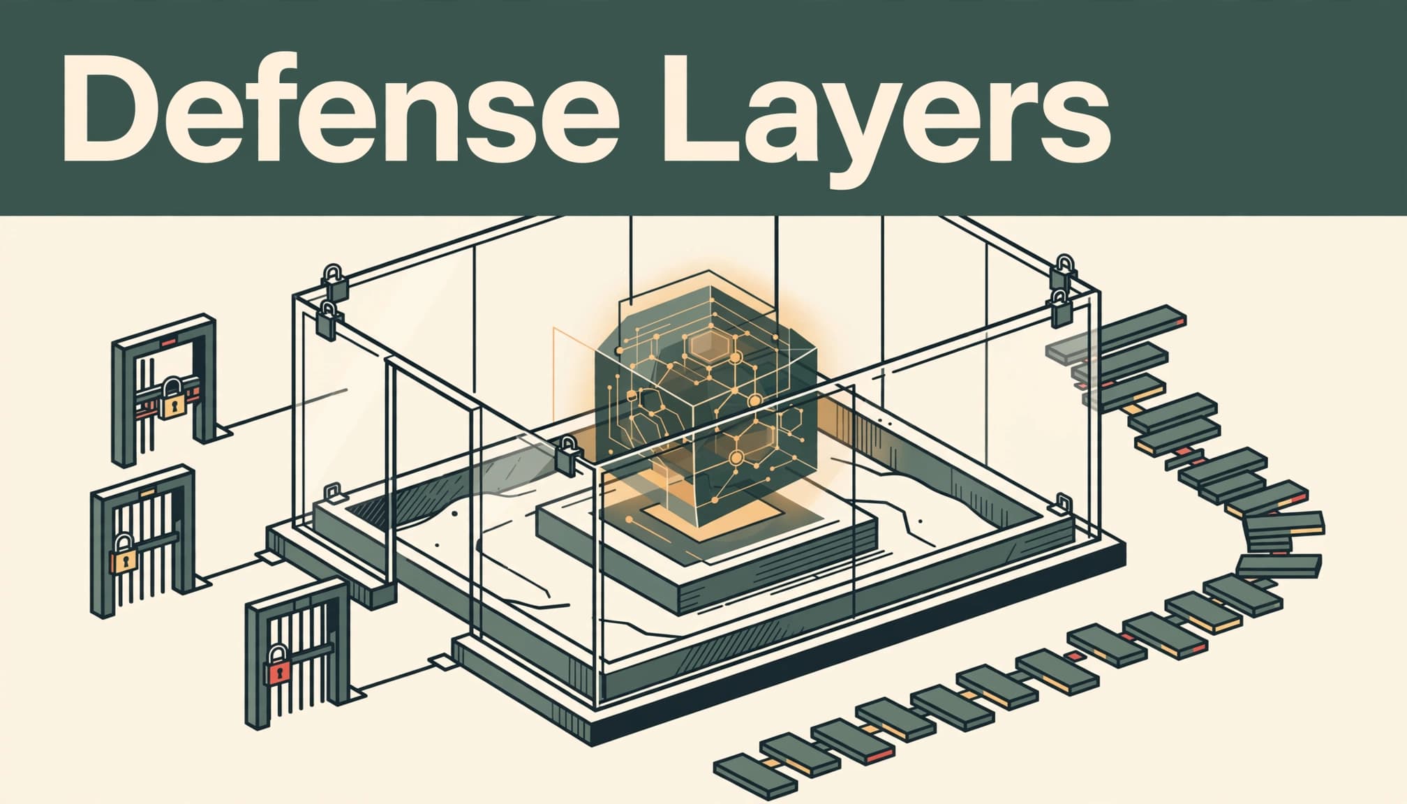 A glass sandbox surrounds a model core, locked tool gates, and an audit trail beneath a dark-green headline band.