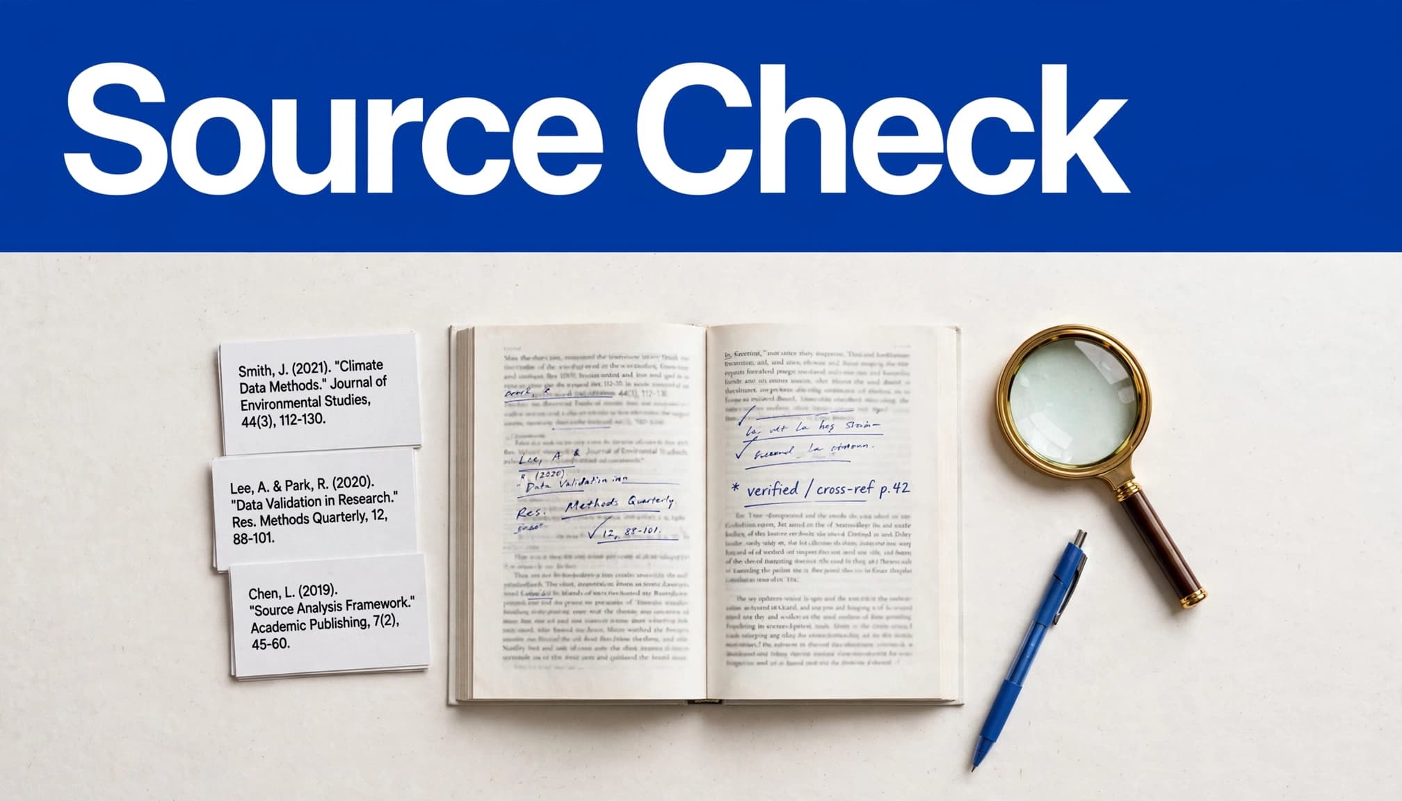 Open book with source cards, magnifying glass, and blue pen on a clean paper background.