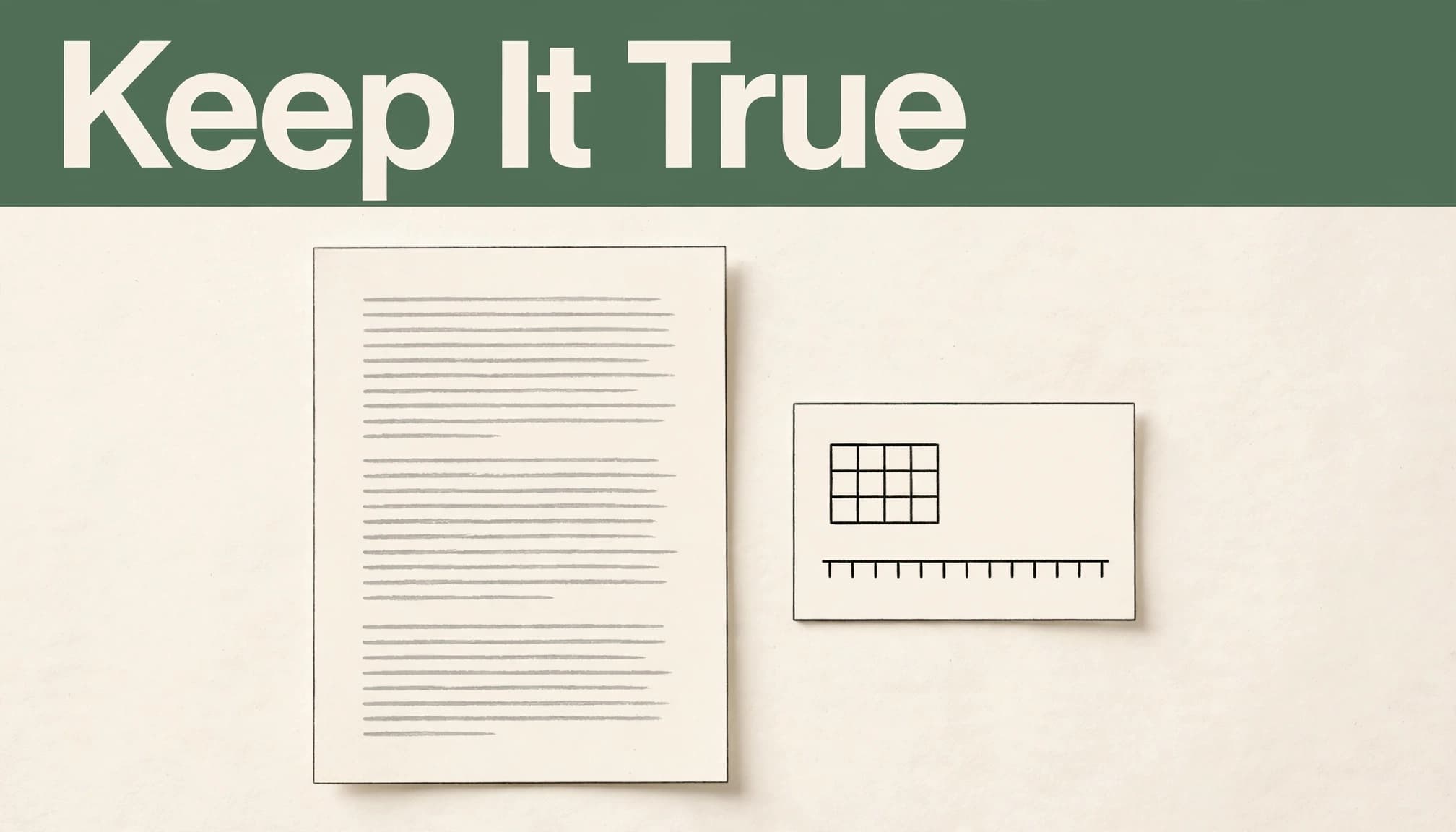 An essay page and abstract evidence card sit beneath a green band reading "Keep It True."