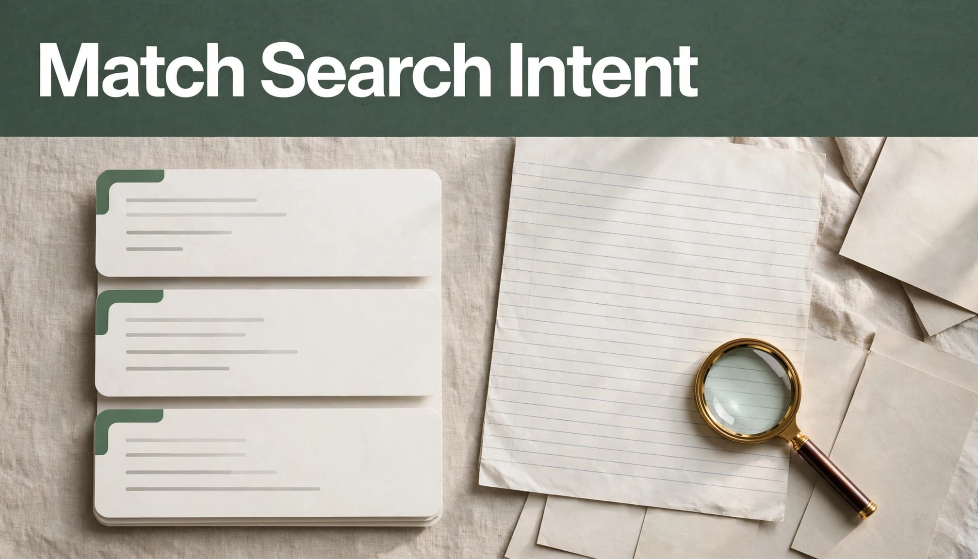 A search-results page and manuscript sit beneath a green headline strip.
